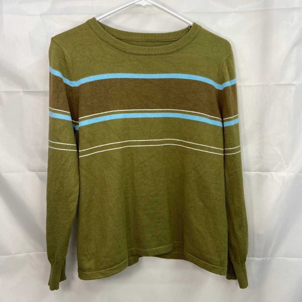 Women's green crewneck soft knit striped cotton blend grunge y2k sweater small
